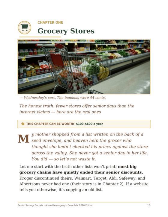 Chapter One — Grocery Stores, with photo and verified senior days